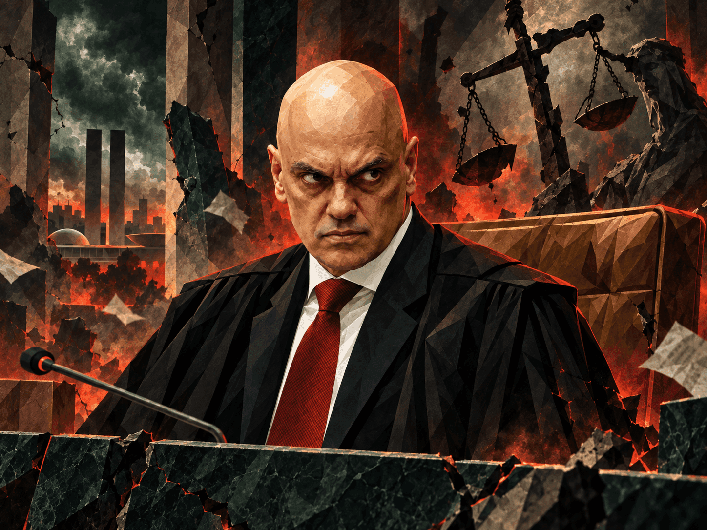 Ilustração editorial de um magistrado diante da balança da justiça e da sociedade